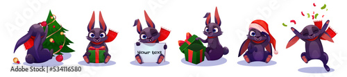 Christmas rabbit, cute cartoon new year bunny character with black fur set. Funny xmas animal personage in Santa hat and scarf holding gift box, banner, confetti and fir-tree, Vector illustration
