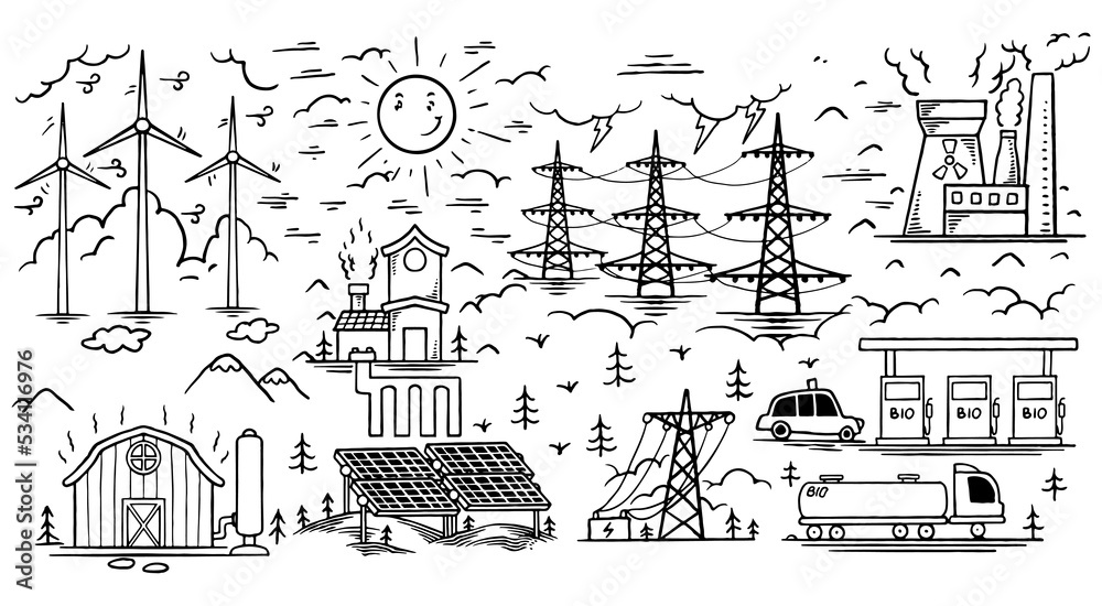 Hand drawn ecology doodle icon set of renewable energy isolated on white background.