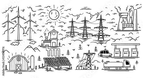 Hand drawn ecology doodle icon set of renewable energy isolated on white background.