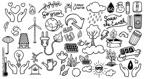 Hand drawn ecology doodle icon set of save earth isolated on white background. photo