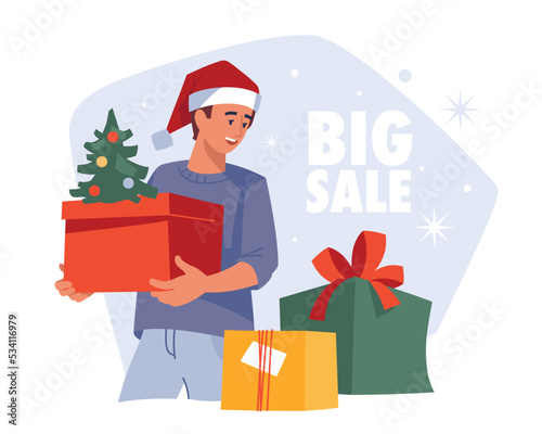 People with gifts. Man with a gift box. Christmas sale. Preparing for Christmas. Vector image.