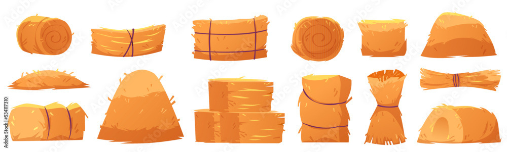 Hay stacks, dry yellow grass and straw bales isolated set. Harvest countryside farm natural agriculture haystacks, graphic design elements on white background, Cartoon vector illustration, icons - obrazy, fototapety, plakaty 