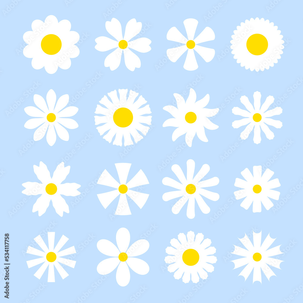 Cute geometric flower icon collection. White daisy sign set Cute geometric flower icon collection. White daisy sign set
