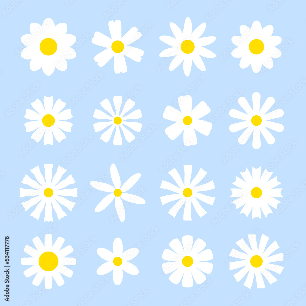 Fototapeta premium Cute geometric flower icon collection. White daisy sign set