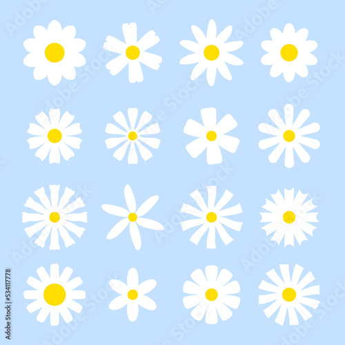 Cute geometric flower icon collection. White daisy sign set