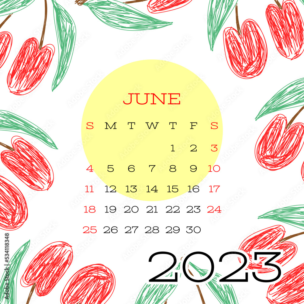 June calendar 2023. Cherry fruits. Vector hand drawn design print. Natural  background. Pencil drawing Stock Vector | Adobe Stock