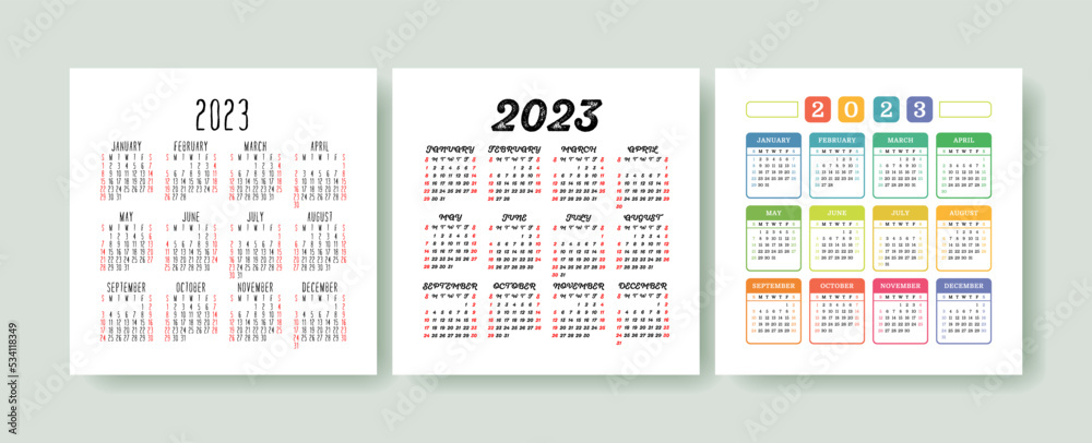 Calendar 2023 year set. Vector square template collection. Ready design. January, February, March, April, May, June, July, August, September, October, November, December Calendar 2023 year set. Vector square template collection. Ready design. January, February, March, April, May, June, July, August, September, October, November, December