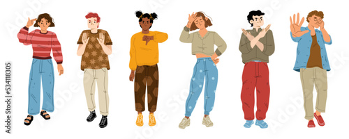 Body language, negative emotions concept. People characters show denial, refuse, ignore or stop gestures with hands expressing disagree communication feelings, Cartoon linear flat vector illustration