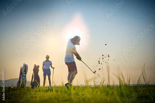 Couple lovers golfer playing golf together in the mode of terrible shot of golf ball hitting away from the main fairway, golf ball run out off the main fairway course, terrible shot of hit a golf 