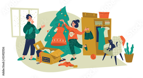 Dressing up for the holiday. The girl received a delivery with clothes. Family in the interior of the apartment. Preparation for the new year. Vector image.
