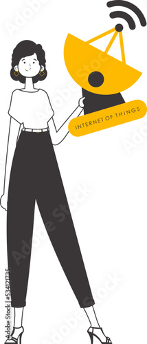 The girl is holding the internet of things logo in her hands. Lineart style. Isolated on white background. Vector illustration.