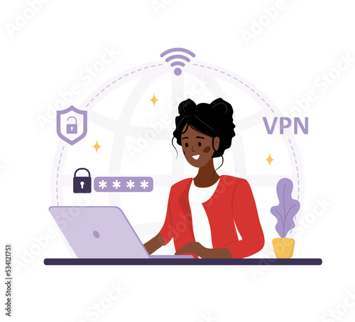 VPN Technology. African woman using app for protect personal data. Cyber security. Virtual private network connection. Modern software for remote servers. Vector illustration in flat cartoon style.