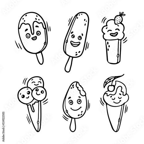 Kawaii Ice Cream outline doodle cartoon set Vector Illustration. Funny Character faces with different cheerful emotions for the Coloring page
