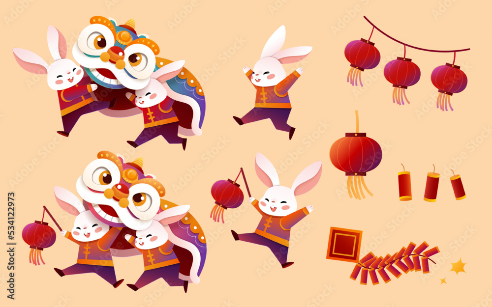 Naklejka premium CNY rabbits lion dance set