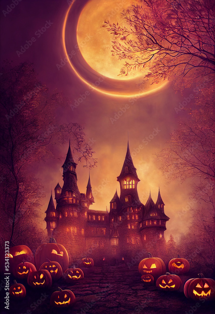 Digital art of a castle in a foggy Halloween night.