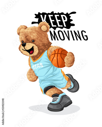 Hand drawn teddy bear cartoon playing basketball