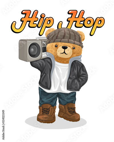Hand drawn teddy bear cartoon in hip hop style with tape recorder