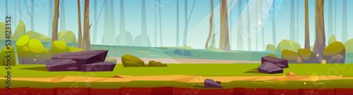 Game ground texture of road in forest. Game level scene with summer landscape of deep woods with path, green grass, trees, bushes and stones, vector cartoon illustration