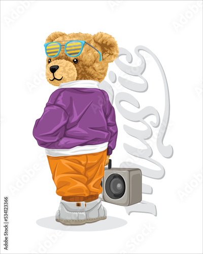 Hand drawn teddy bear cartoon in hip hop style with tape recorder