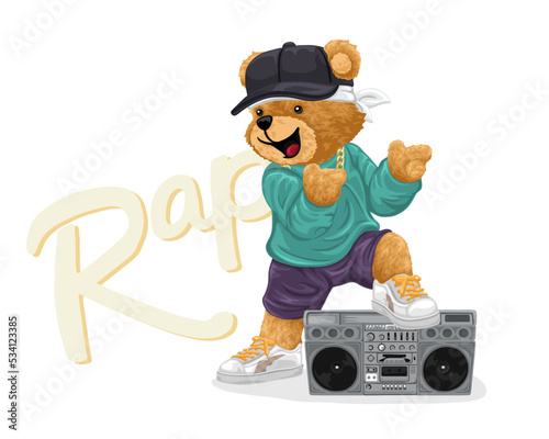 Hand drawn teddy bear cartoon in hip hop style with tape recorder