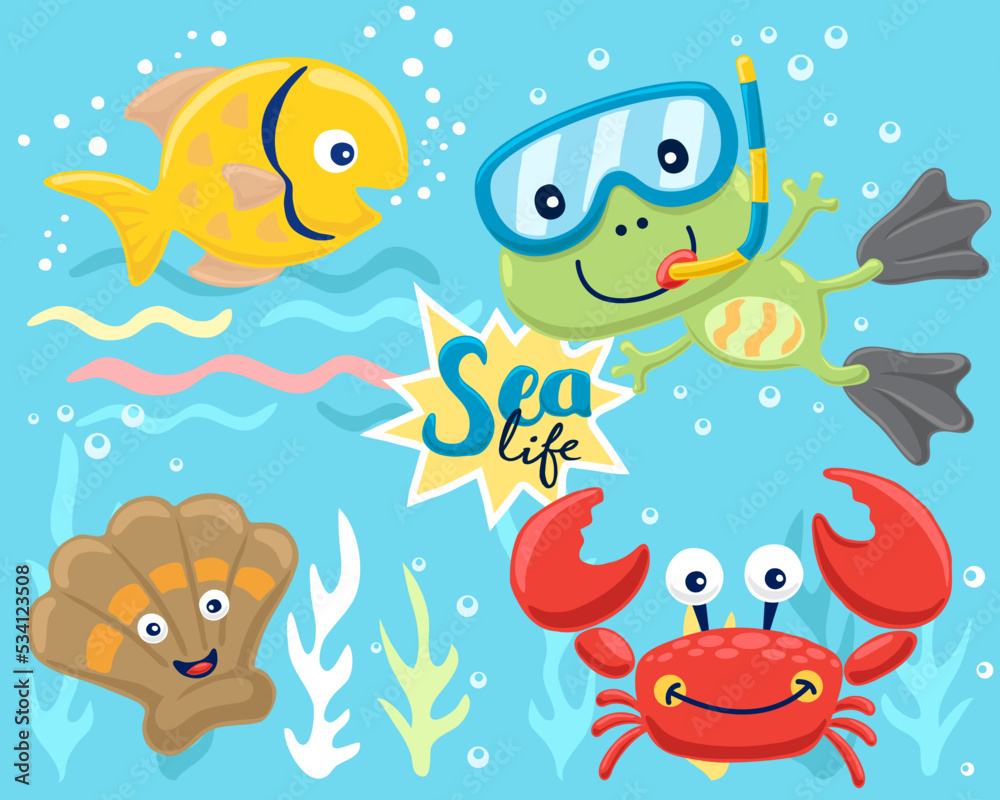 Fototapeta premium Set of hand drawn funny marine animals cartoon with cute frog wearing diving goggles
