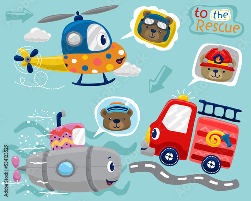 Set of hand drawn funny vehicles cartoon with it riders