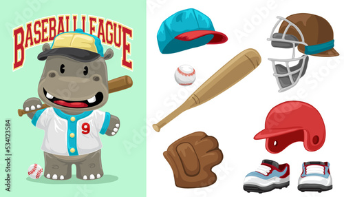 Hand drawn funny hippo cartoon in baseball uniform with baseball equipment