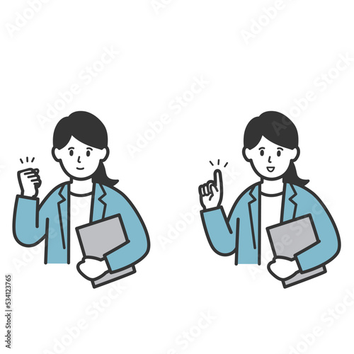 ガッツポーズと人差し指をたてている働く女性のイラストセット
