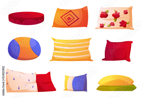 Cute soft pillows for bed and sofa. Square and rectangular cushions for sleep, rest and bedroom decoration. Comfy color decorative pillows isolated on white background, vector cartoon set