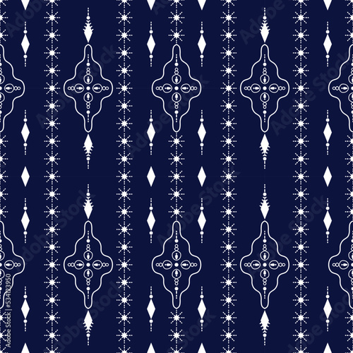blue Christmas background with baubles, Geometric seamless pattern white abstract ethnic design Indigenous.