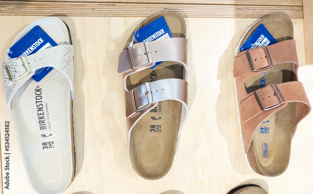 Foto Stock Birkenstock logo text and sign brand of summer shoes store made  in germany footwear shop brand | Adobe Stock