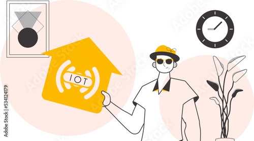 A man holds the IOT logo in his hands. Lineart style. Vector. © Javvani