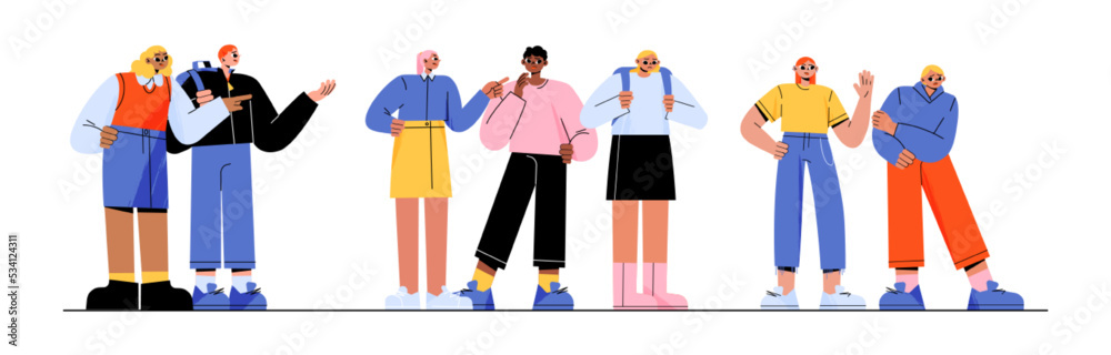 School bullying flat character set. Group of teen boys and girls mocking, laughing, pointing finger at offended weaker classmate. Conflict between children. Communication problem. Vector illustration School bullying flat character set. Group of teen boys and girls mocking, laughing, pointing finger at offended weaker classmate. Conflict between children. Communication problem. Vector illustration