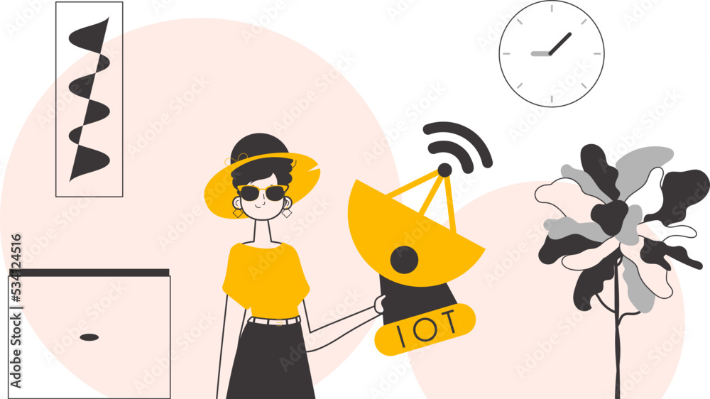 A woman holds the internet of things logo in her hands. Linear modern style. Vector illustration.