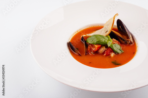 French seafood bouillabaisse soup closeup in a bowl