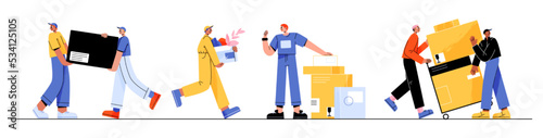 Moving service workers carrying boxes. Set of flat Couriers delivering parcels. Male characters transporting heavy packages from home or office. Vector illustration isolated on white background
