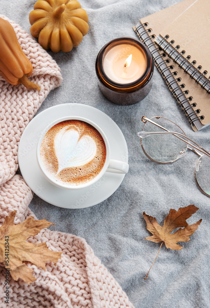 Fall flat lay with coffee and autumn decor Fall flat lay with coffee and autumn decor