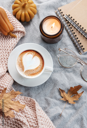 Fall flat lay with coffee and autumn decor