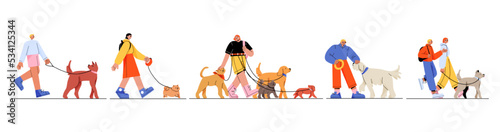 People walking with dogs on leash. Flat young male and female characters smiling, training, playing, hsoending time with pet animals of different breeds. Active lifestyle. Vector illustration set