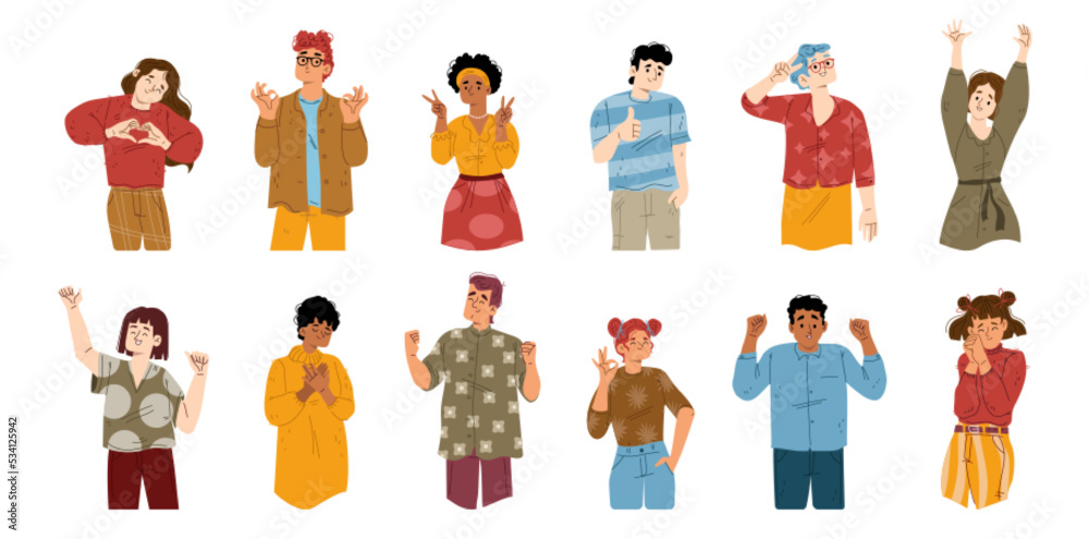 Happy people cheer, positive gestures. young cheer characters show thumb  up, ok, heart, , victory, yeah symbol and gesturing. Happiness emotions, body  language. Cartoon linear flat vector illustration Stock Vector | Adobe Stock