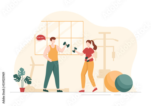 Personal Trainer or Sports Instructor Hand Drawn Cartoon Flat Illustration Template with Working Helping Stretch, Fitness and Correct Posture
