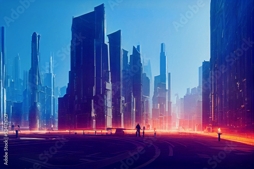 Street in metaverse city, illustration, blockchain