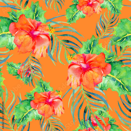 Fototapeta Naklejka Na Ścianę i Meble -  Hawaiian hibiscus flowers seamless tropical pattern on orange background