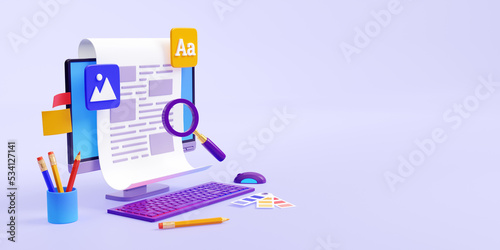 Creative copywriting, seo editing of commercial text in blog or web media. Banner with computer, paper page, magnifier, pencils and copy space, 3d render illustration