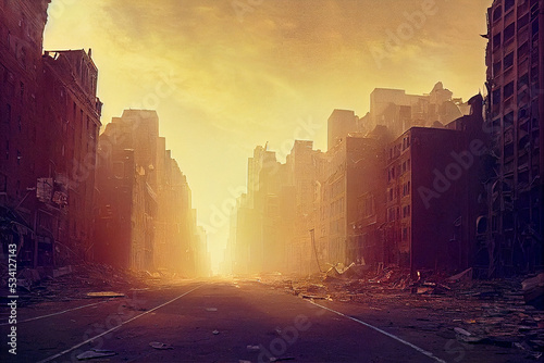 Post apocalypse, desolate highway in ruins, ruined city background
