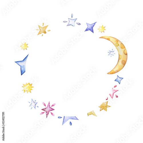 Watercolor moon and stars. Watercolour circle frame with crescent for kids cards. © lyubovyaya