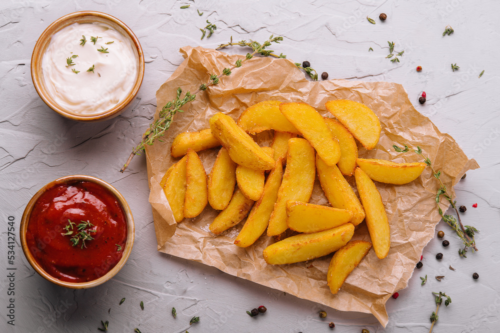 Baked fried potatoes with red and white sauces Baked fried potatoes with red and white sauces