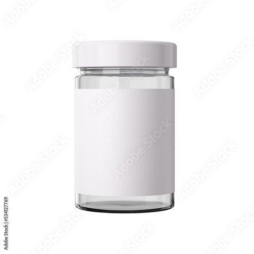 Glass jar with white paper label and white cup on transparent background.