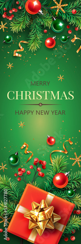 Vertical banner with gold and red Christmas symbols and text. Christmas tree, gifts, golden tinsel confetti and snowflakes on green background. Header for website template.
