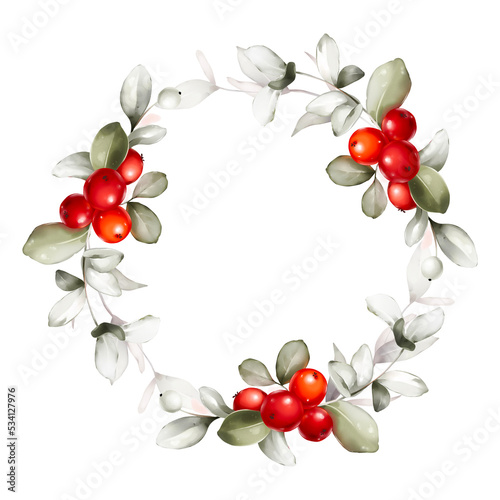 Christmas wreath with branches and berries in a watercolor style